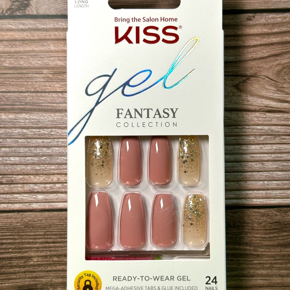 Kiss Fantasy Collection Pink and Gold FG03 Long Press-On Nails w Glitter Accents